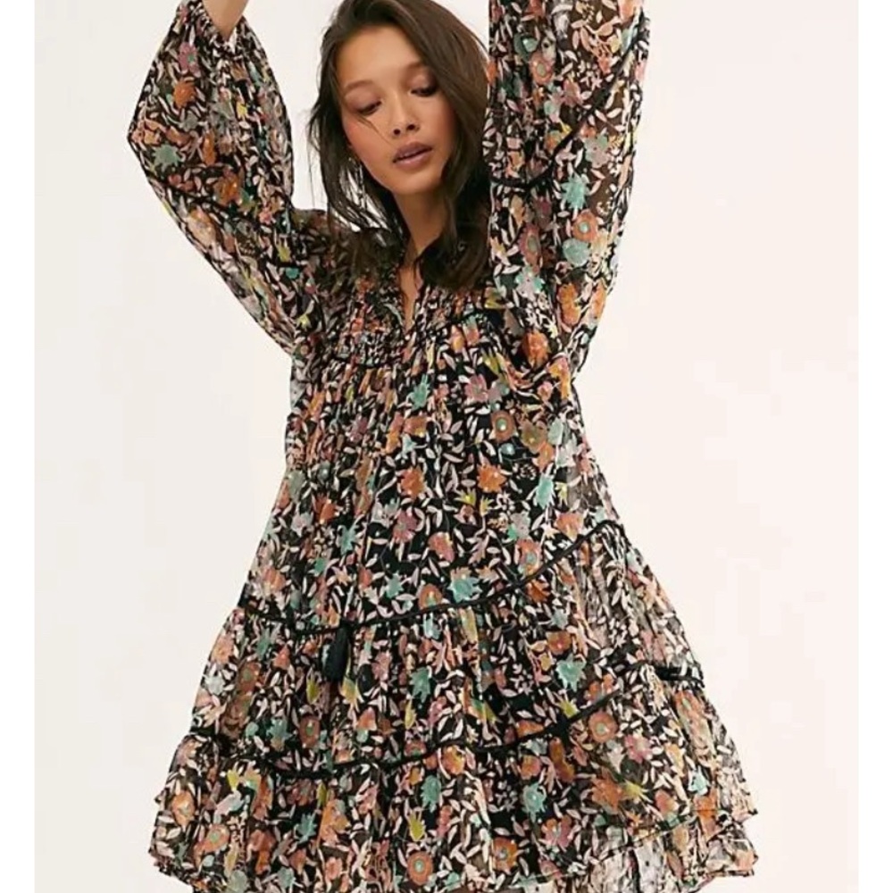 FREE PEOPLE Black Floral Long Sleeve Mini Dress XSmall